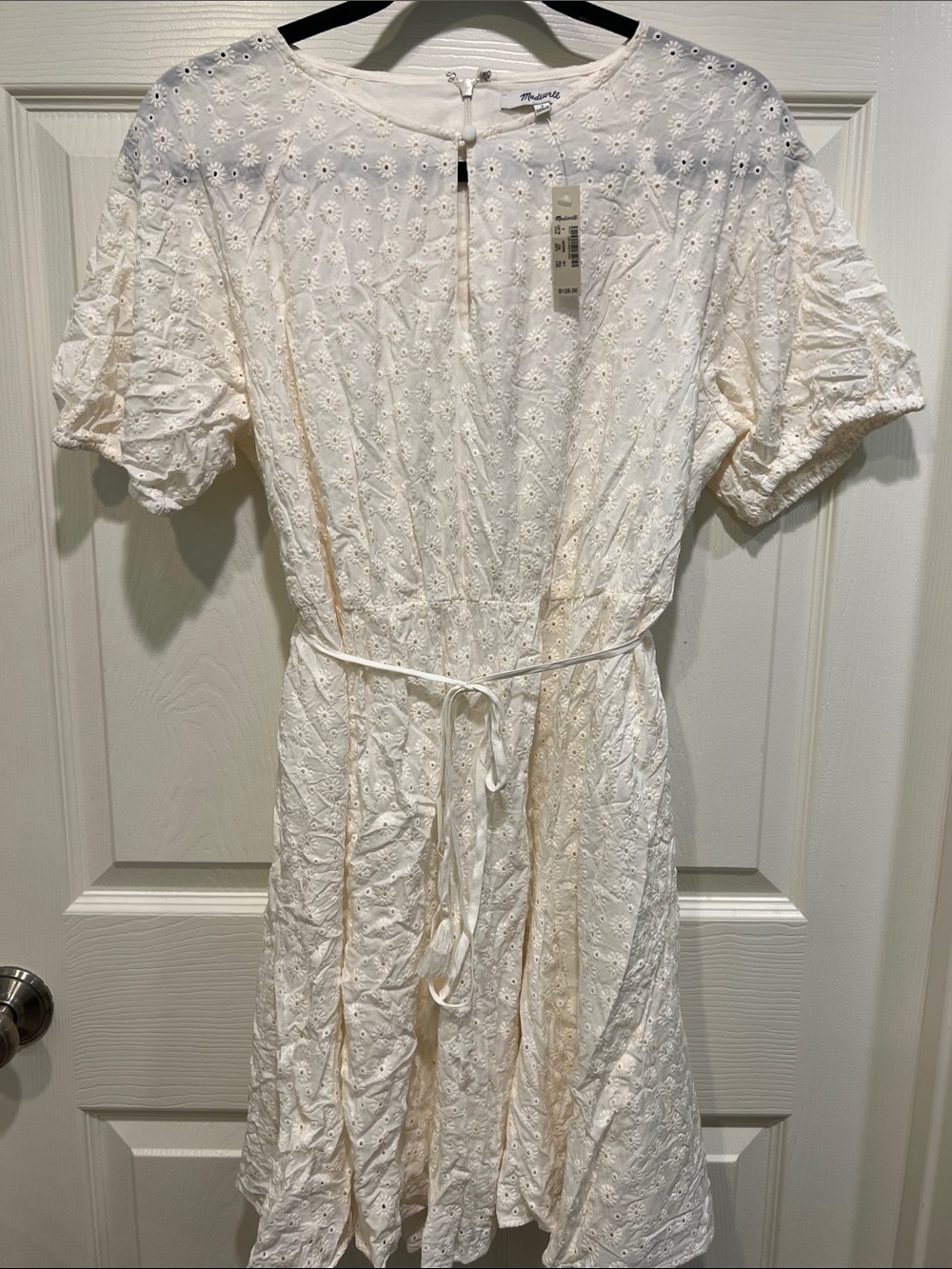 Madewell Cream Eyelet Waist-Tie Short Sleeve Dress Size 4